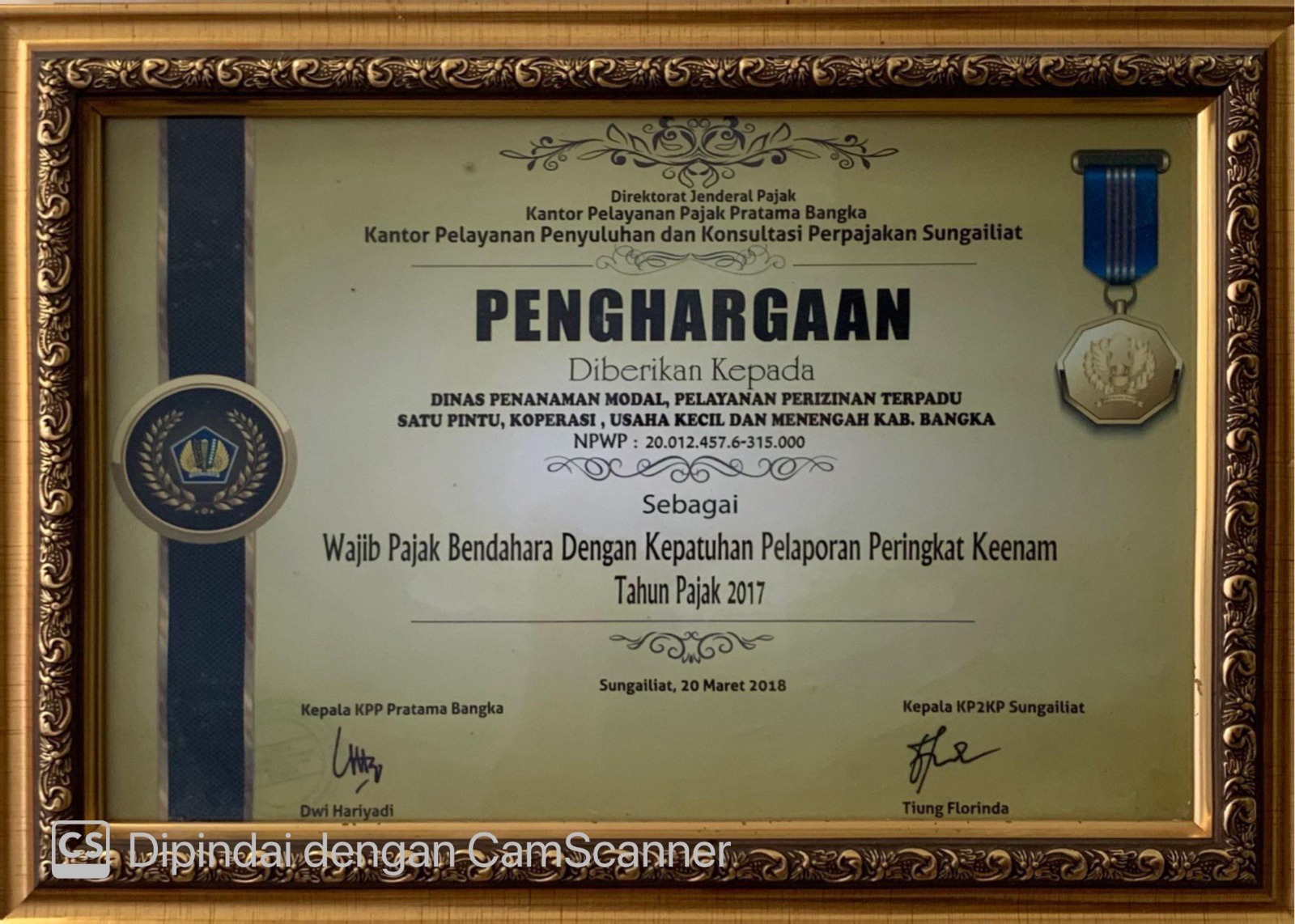 Wajib Pajak Bendahara Dengan Kepatuhan Pelaporan Peringkat Keenam Tahun Pajak 2017